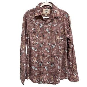 Western Aloha Mens Long Sleeve Pearl Snap Shirt L Brown Hawaiian Fisherman Ocean